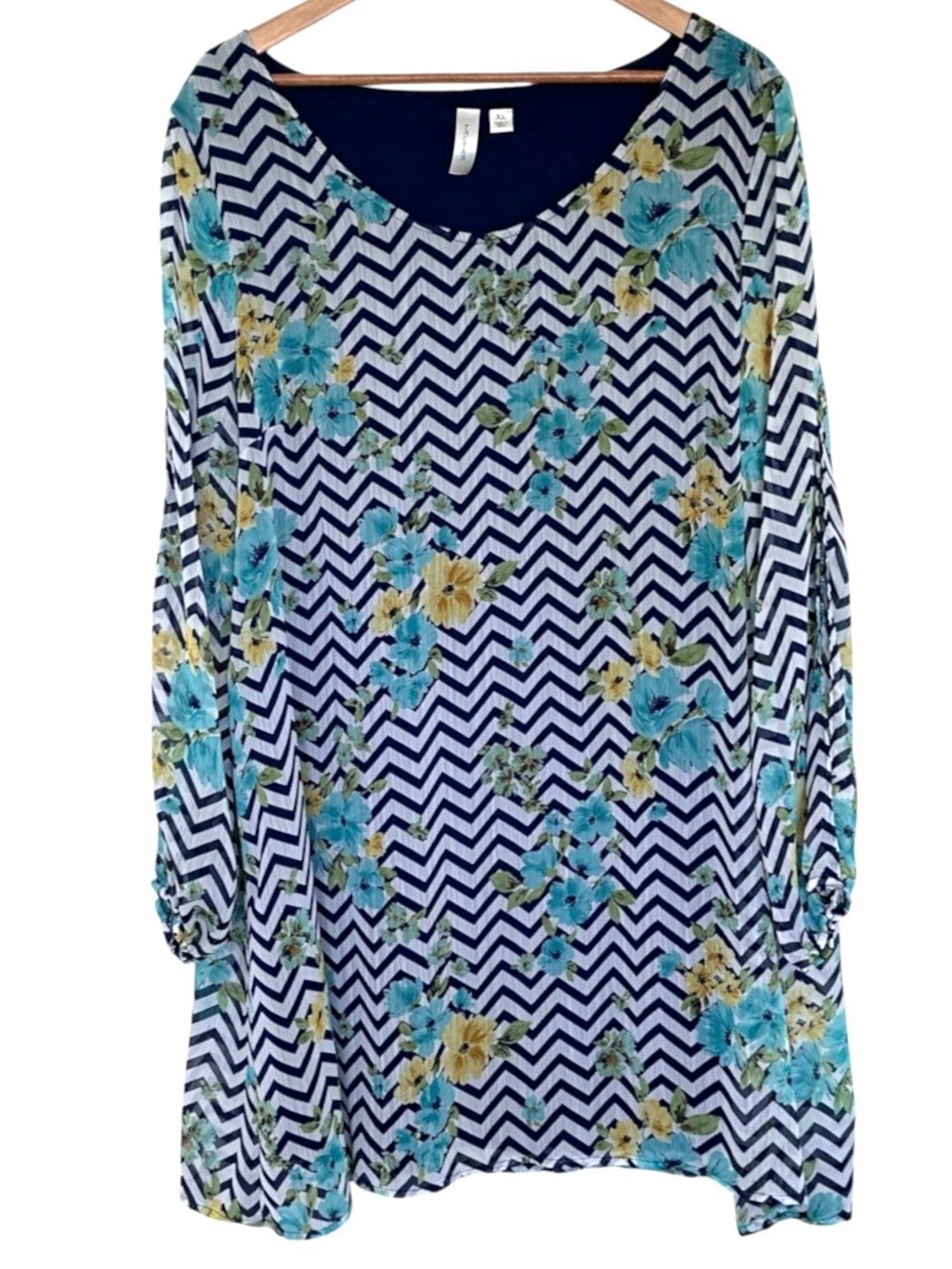 Tacera Dress Women’s XL Floral Chevron Print Long Sheer Cold Sleeve Pullover